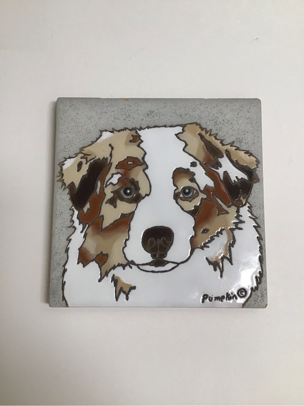 Australian Shepherd Dog Hand Painted Tile by Pumpkin 6x6” Trivet Vintage *NOTE*